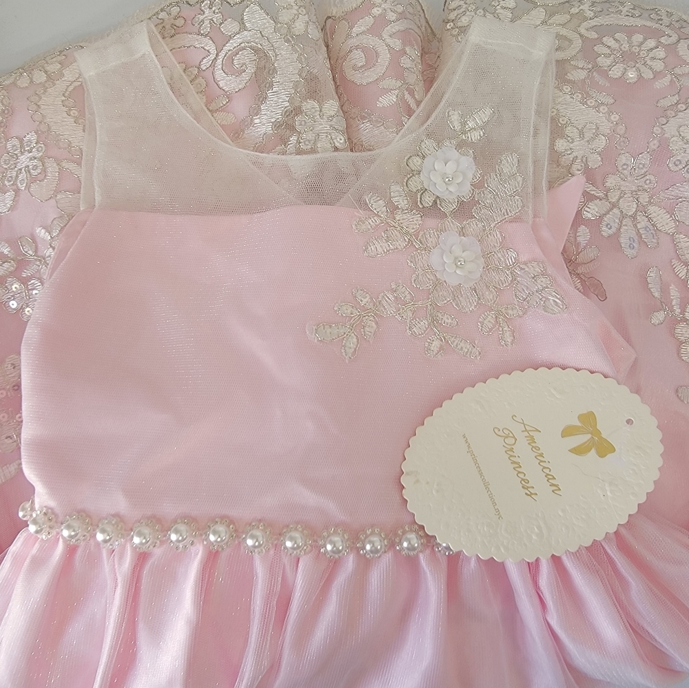 American Princess Pink Ivory Formal Flower Girl Dress Lace Pearl Trim Size 6X/7 - Picture 9 of 9